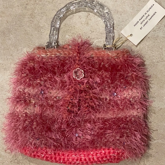 Handmade Handbags - Handcrafted Crocheted Purse Bag Pink by Janet Hammer BOHO NWT